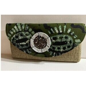Handmade African Inspired Woven Clutch Bag Tribal Beaded Accent Green Batik Flap